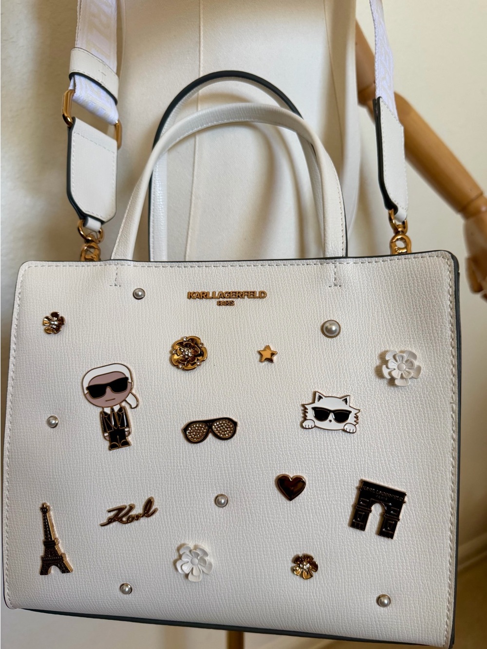 Karl Lagerfeld White Embellished Maybelle Satchel with Gold Accents